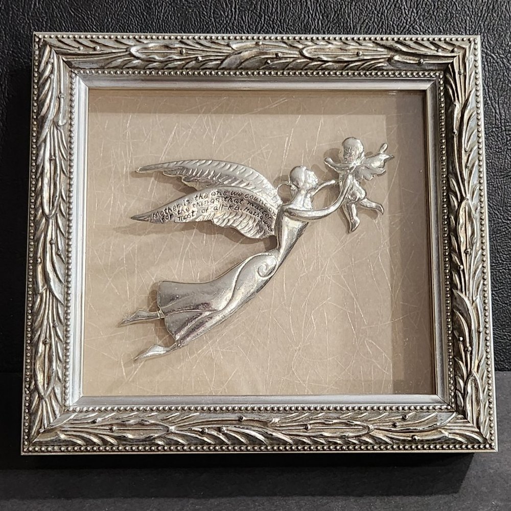 Gorgeous Framed Pewter Angel Mother Holding Angel Baby Ornament in Pewter Color